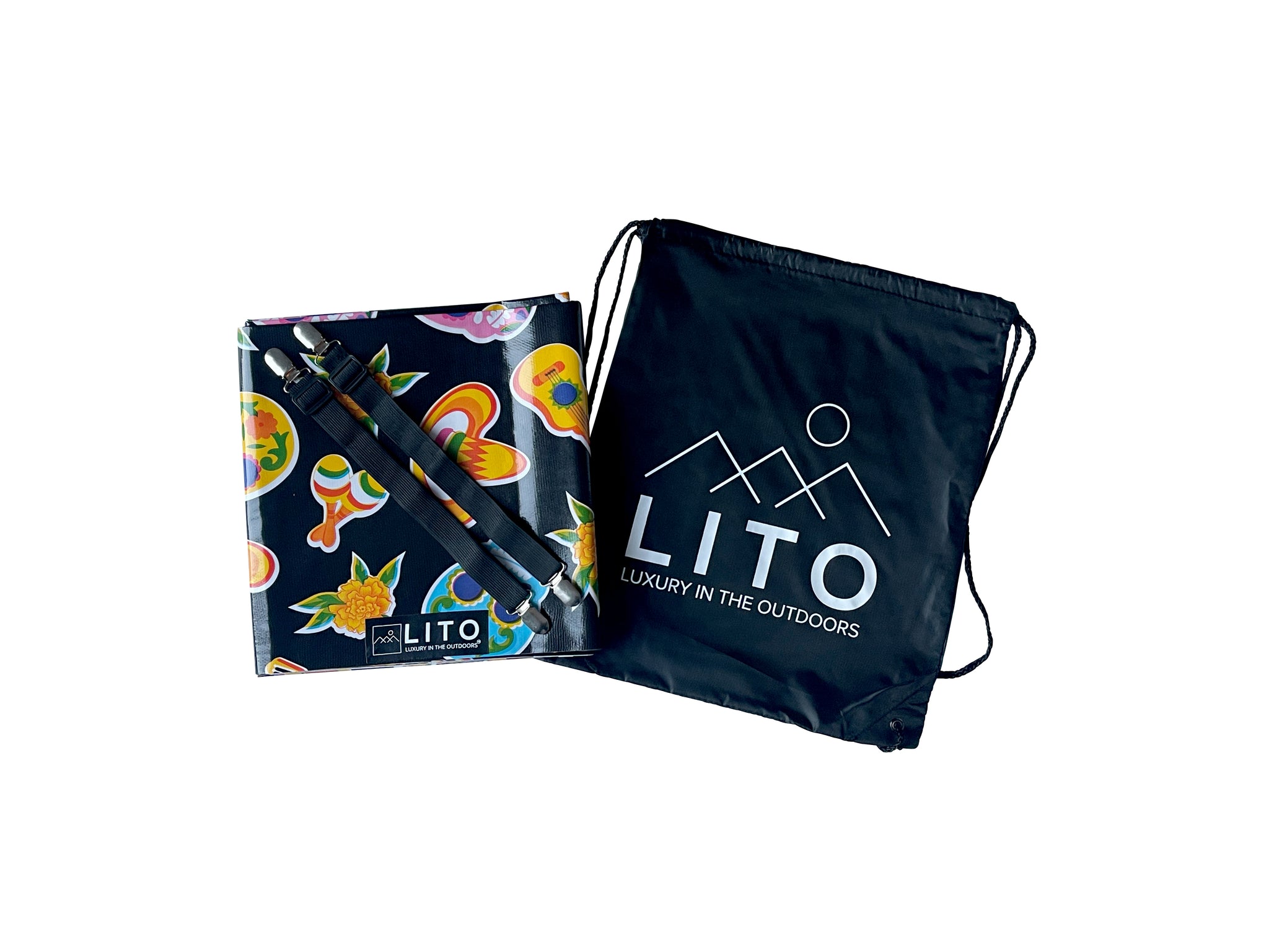 Black Skulls Outdoor Tablecloth LITO Black Day of the Dead Camping