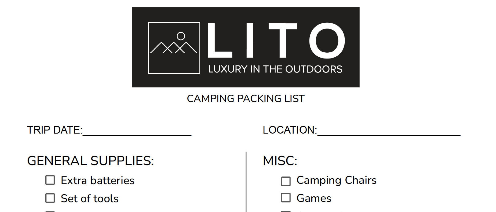 LITO CAMPING CHECKLIST