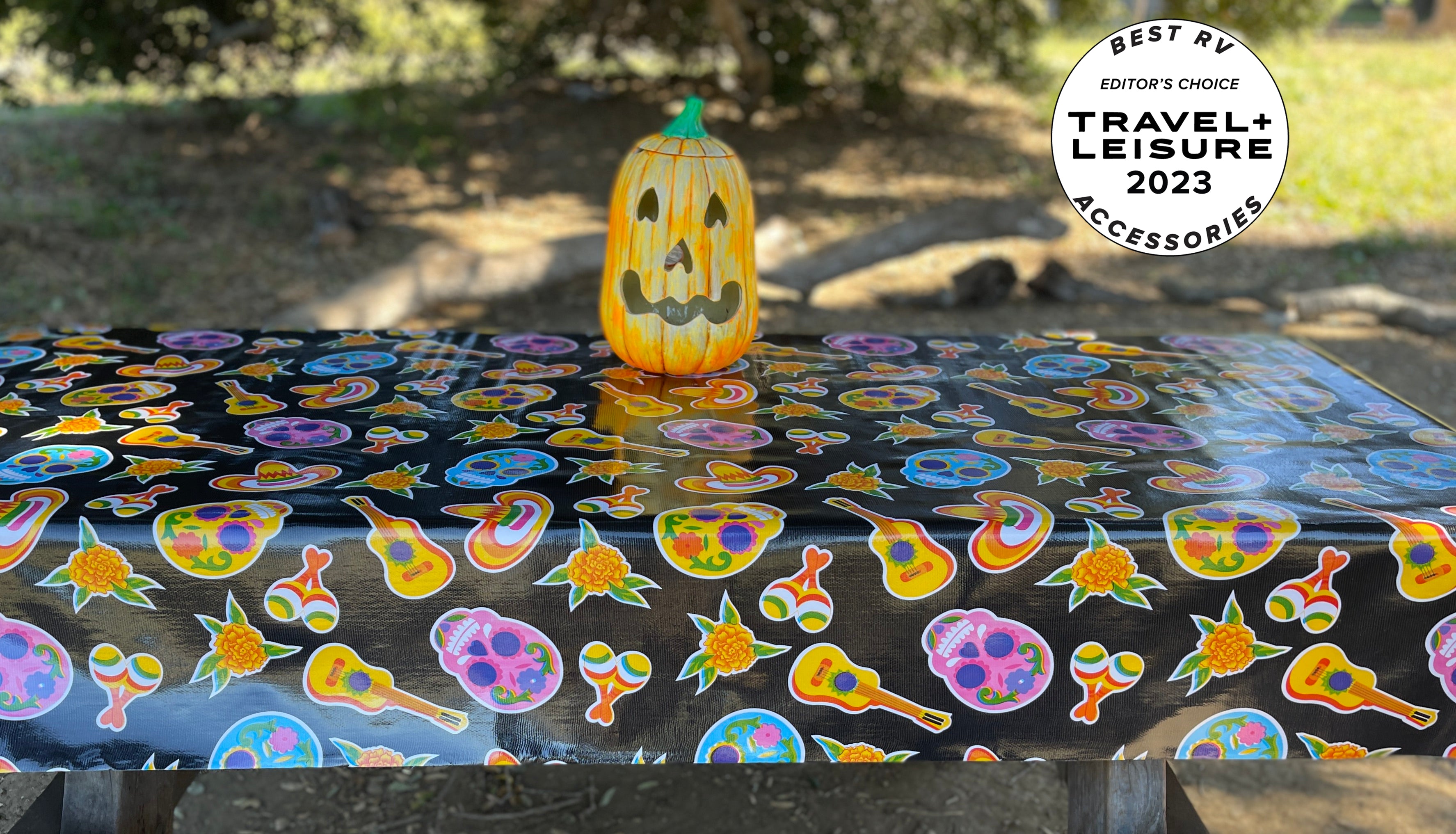 Black "Day of the Dead" Pattern Outdoor Camping Tablecloth - Waterproof