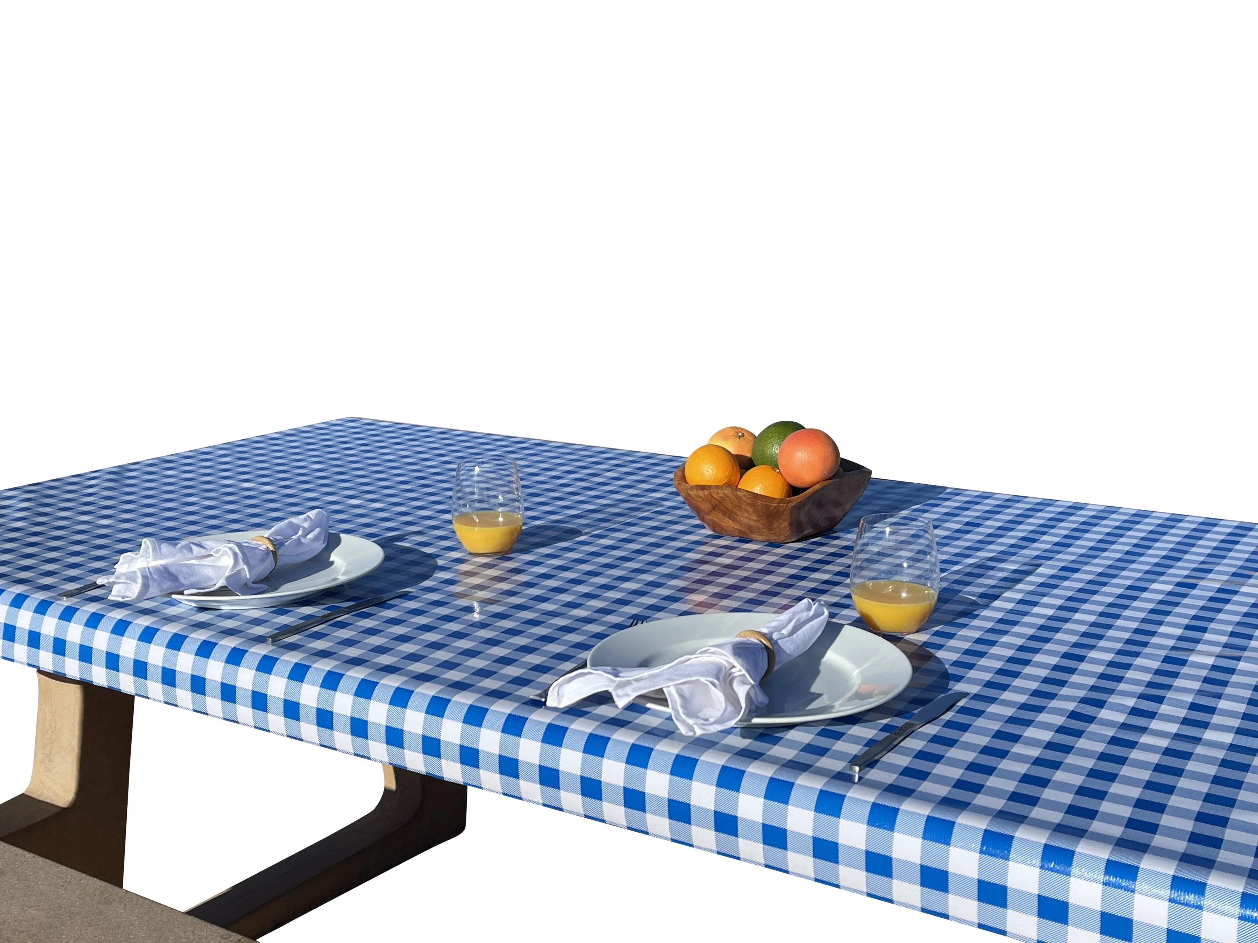 Blue and White Checkered waterproof, durable outdoor tablecloths that fit almost any picnic table you will encounter camping