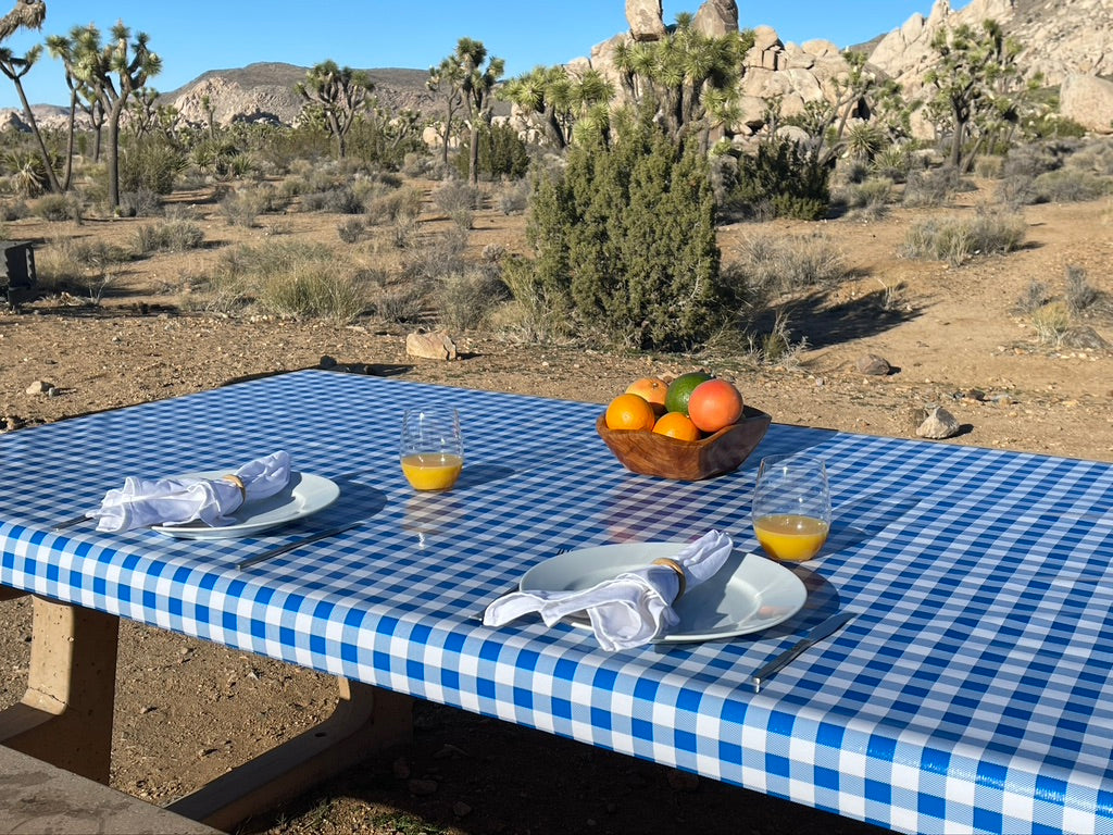 an blue checkerboard outdoor tablecloth with fruits, plates and 2 glasses of juice