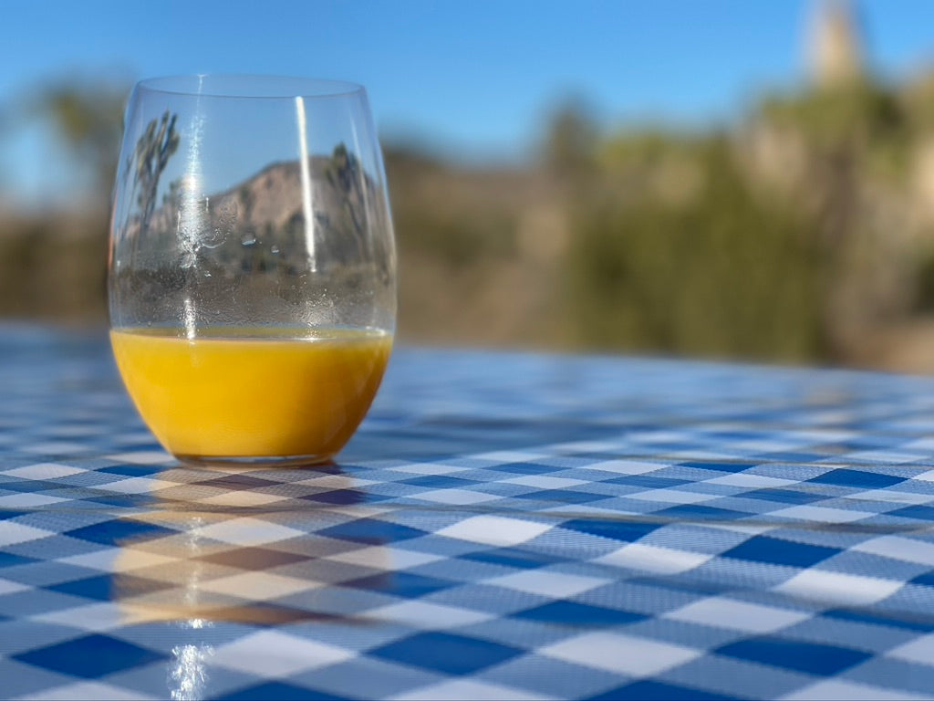blue check outdoor waterproof tablecloth with mostly empty glass of orange juice