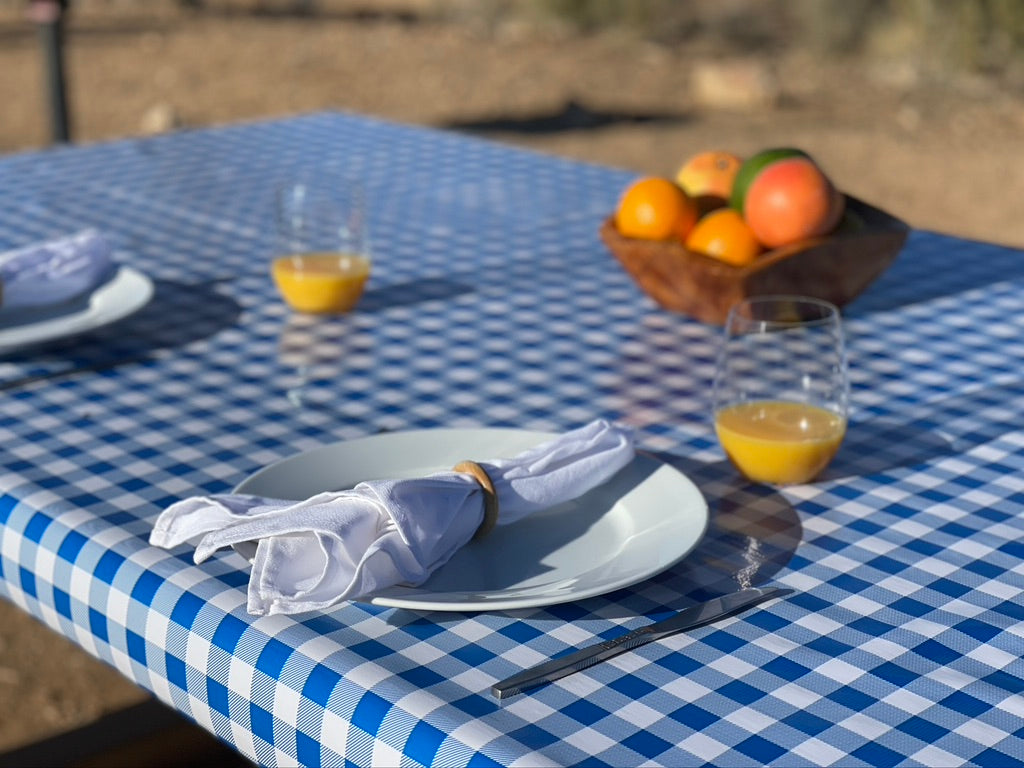 plate with napkin and butter knife next to it on a blue checkerboard camping tablecloth