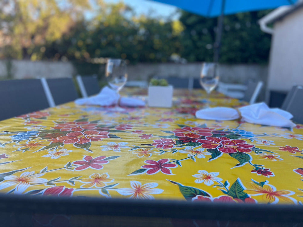 Yellow Hibiscus flowered outdoor tablecloth