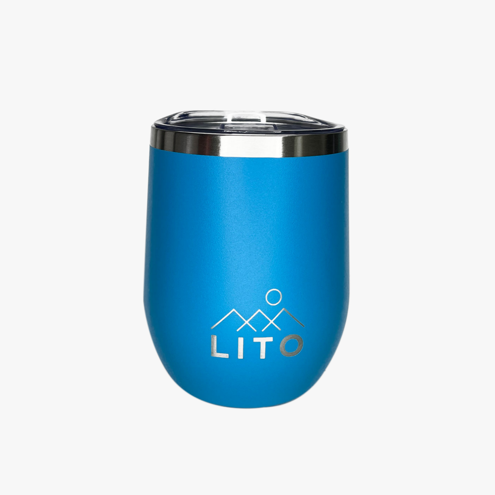 bright blue stainless steel wine tumbler with lid